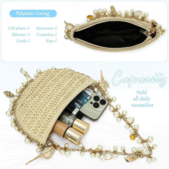 Straw Beach Clutch Purse Pearl Shell Decor Summer Wedding Vacation Bag main image 5